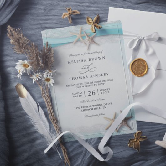 Invitation Mariage Code QR Ocean Bleu Plage Étoile de Mer et