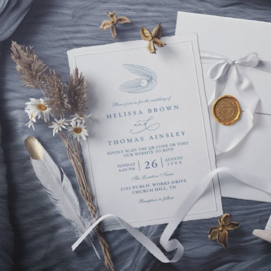 Invitation Mariage Code QR Océan Plage Coquillage Bleu Poussi