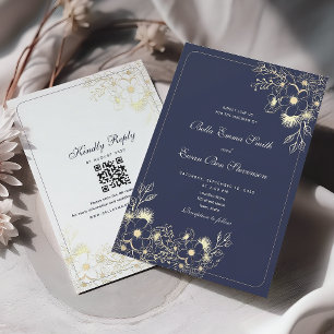 Invitation Mariage Code QR Or Bleu Marine Classique