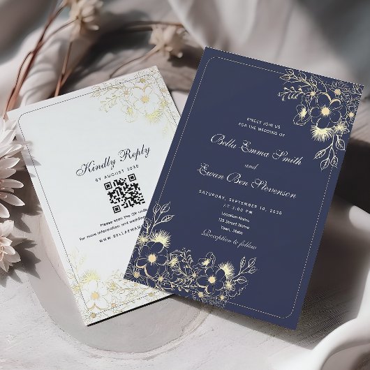 Invitation Mariage Code QR Or Bleu Marine Classique