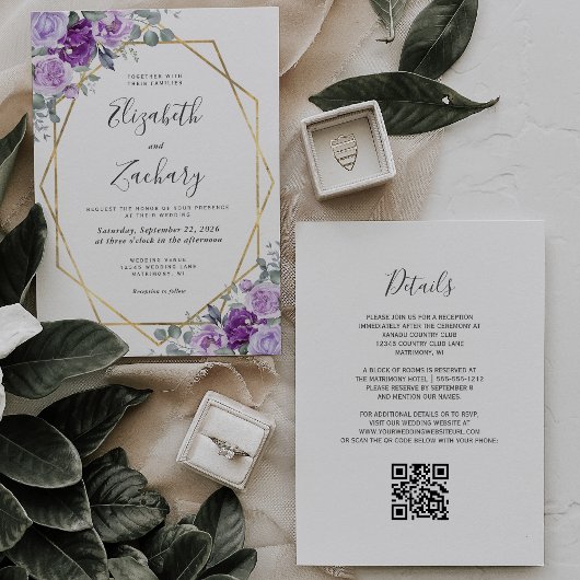 Invitation Mariage Code QR Or Floral Aquarelle Violet
