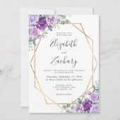 Invitation Mariage Code QR Or Floral Aquarelle Violet (Devant)