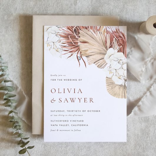 Invitation Mariage Code QR Orchidées Boho et Feuilles de Palm