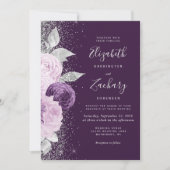 Invitation Mariage Code QR Pailleté Argent Violet Foncé Flora (Devant)