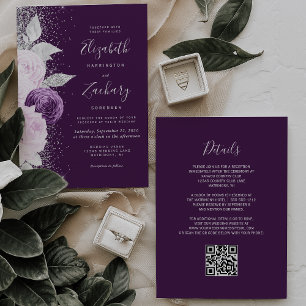 Invitation Mariage Code QR Pailleté Argent Violet Foncé Flora