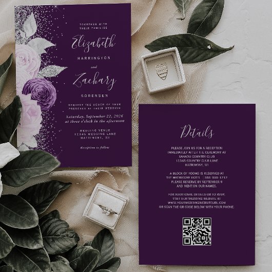 Invitation Mariage Code QR Pailleté Argent Violet Foncé Flora