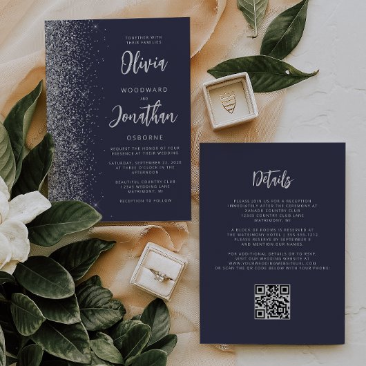Invitation Mariage Code QR Paillettes Argent Bleu Foncé