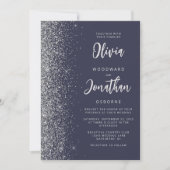 Invitation Mariage Code QR Paillettes Argent Bleu Foncé (Devant)