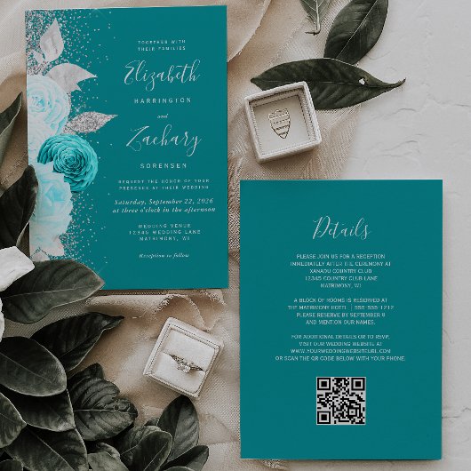 Invitation Mariage Code QR Paillettes Argent Turquoise Floral