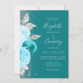 Invitation Mariage Code QR Paillettes Argent Turquoise Floral (Devant)