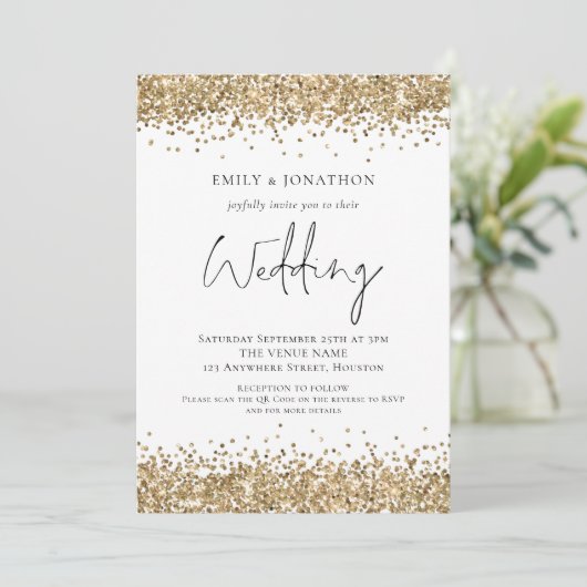 Invitation Mariage Code QR Paillettes Or Modernes (Debout devant)
