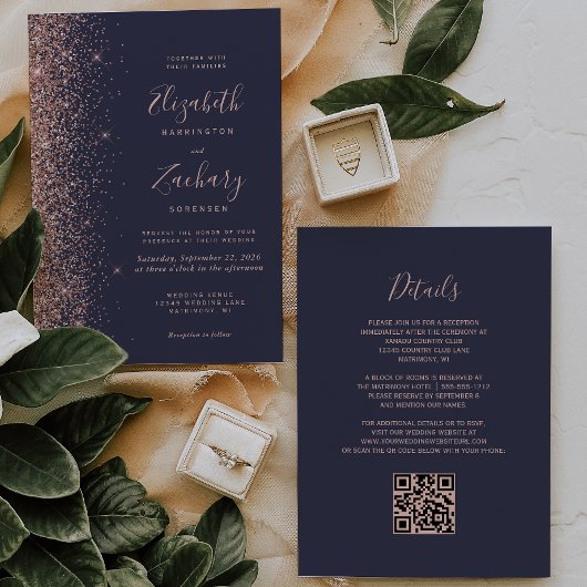 Invitation Mariage Code QR Paillettes Or Rose Bleu Foncé Mode