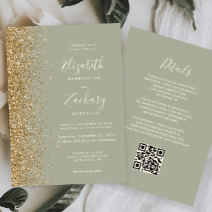 Invitation Mariage Code QR Paillettes Or Vert Sauge