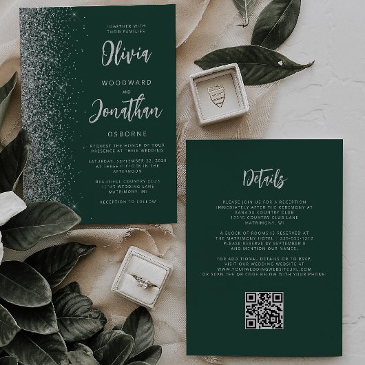 Invitation Mariage Code QR Paillettes Vert Émeraude Argent