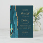 Invitation Mariage Code QR Photo Agate Or Bleu Sarcelle (Debout devant)