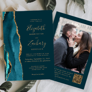 Invitation Mariage Code QR Photo Agate Or Bleu Sarcelle