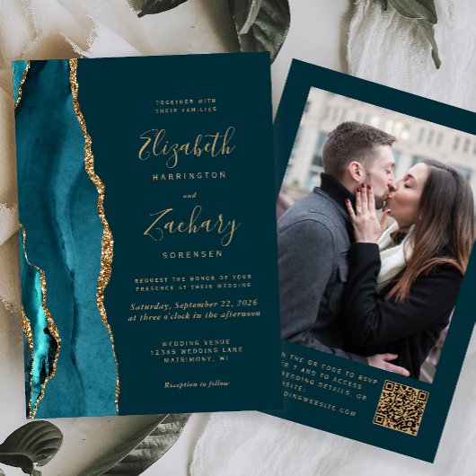 Invitation Mariage Code QR Photo Agate Or Bleu Sarcelle