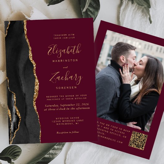 Invitation Mariage Code QR Photo Agate Or Bourguignon