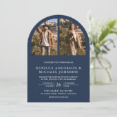 Invitation Mariage Code QR Photo Arch Bleu Marine Moderne (Debout devant)
