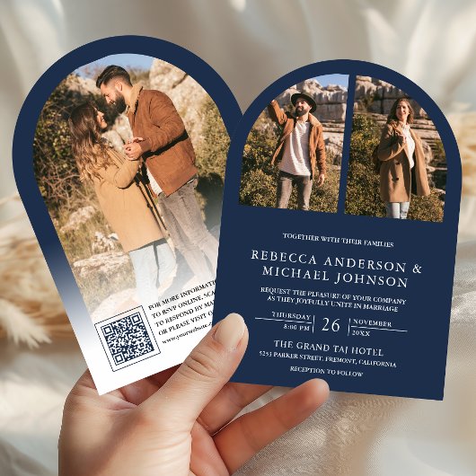 Invitation Mariage Code QR Photo Arch Bleu Marine Moderne