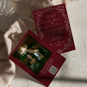 Invitation Mariage Code QR Photo Argent Ancien Floral Bourgog