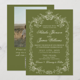 Invitation Mariage Code QR Photo Argent Olive Vintage