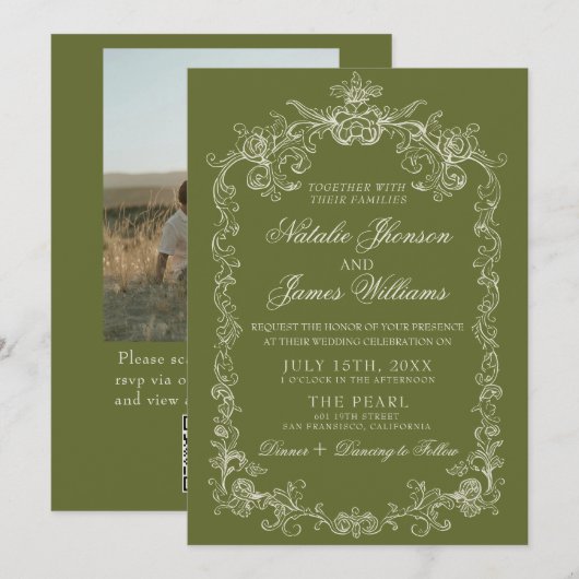Invitation Mariage Code QR Photo Argent Olive Vintage (Devant / Derrière)