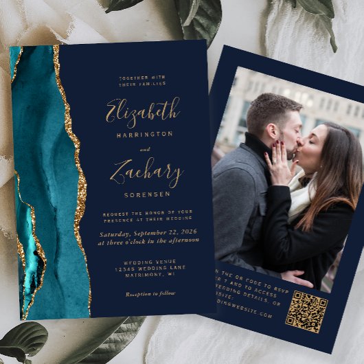 Invitation Mariage Code QR Photo Bleu Nuit Agate Or Sarcelle