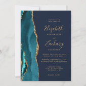 Invitation Mariage Code QR Photo Bleu Nuit Agate Or Sarcelle (Devant)