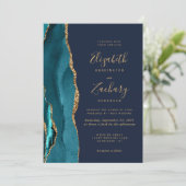 Invitation Mariage Code QR Photo Bleu Nuit Agate Or Sarcelle (Debout devant)