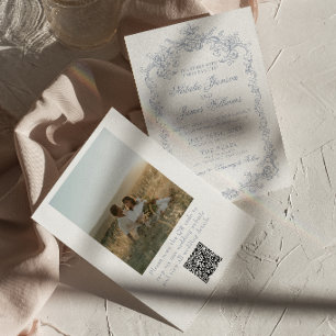 Invitation Mariage Code QR Photo Bleu Poussiéreux Vintage Arg