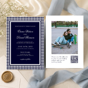 Invitation Mariage Code QR Photo Bordure Harlequin Bleu Marin