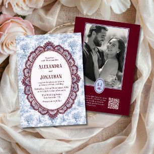 Invitation Mariage Code QR Photo Broderie Anglaise Vintage Bo