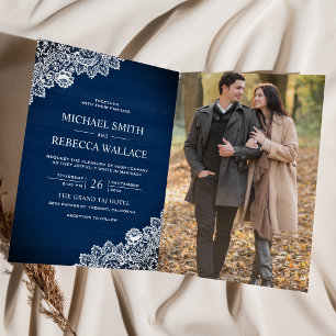 Invitation Mariage Code QR Photo Broderie Bois Bleu Marine