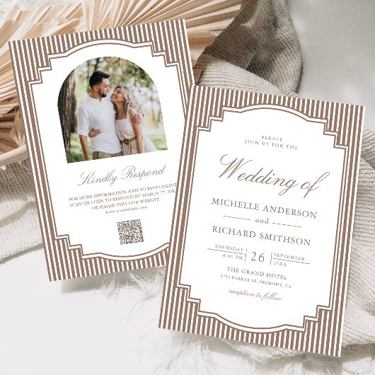 Invitation Mariage Code QR Photo Brun Rayé Classique
