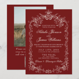 Invitation Mariage Code QR Photo Burgundy Ancien Argent Vieux