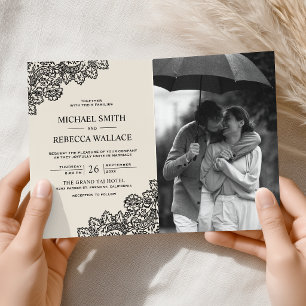 Invitation Mariage Code QR Photo Crème Ivoire Dentelle Noire