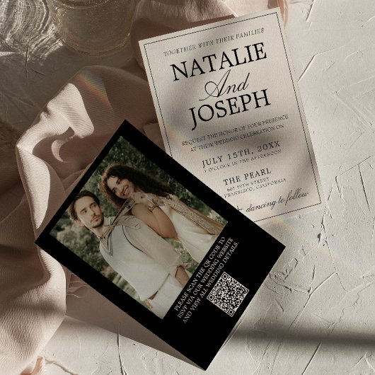 Invitation Mariage Code QR Photo Crème Noir Rétro Argent
