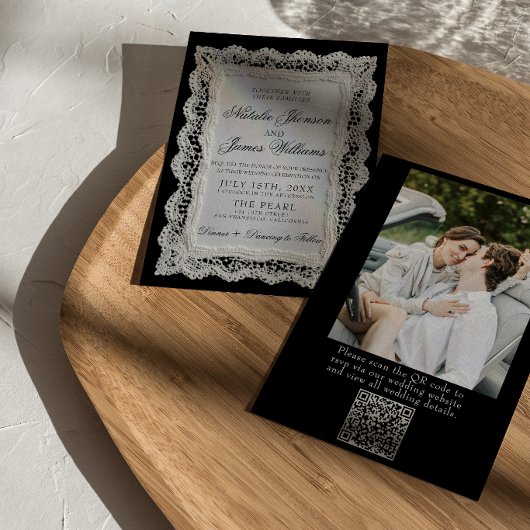 Invitation Mariage Code QR Photo Dentelle Noir Et Blanc