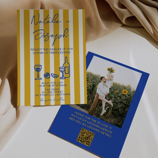 Invitation Mariage Code QR Photo Écrit à la Main Jaune Bleu