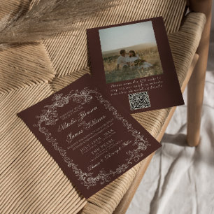 Invitation Mariage Code QR Photo Espresso Vintage Argent Anci