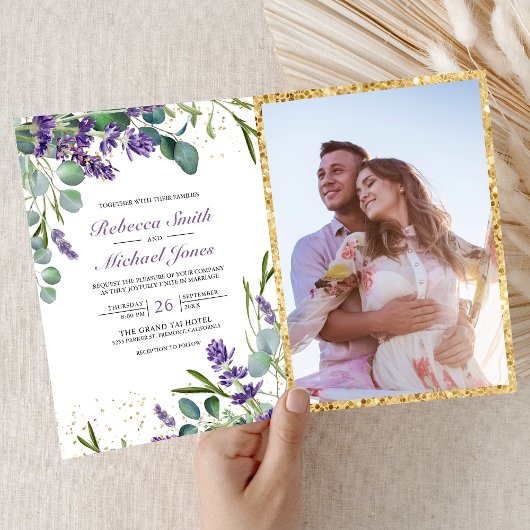 Invitation Mariage Code QR Photo Eucalyptus Lavande Rustique