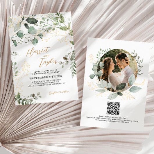 Invitation Mariage Code QR Photo Eucalyptus Verdure Or