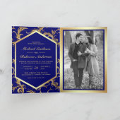 Invitation Mariage Code QR Photo Fleuron Or Bleu Royal (Intérieur)