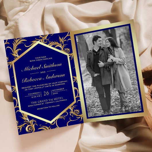 Invitation Mariage Code QR Photo Fleuron Or Bleu Royal