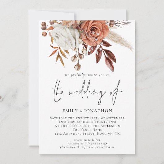 Invitation Mariage Code QR Photo Fleurs Terracotta Rustique (Devant)