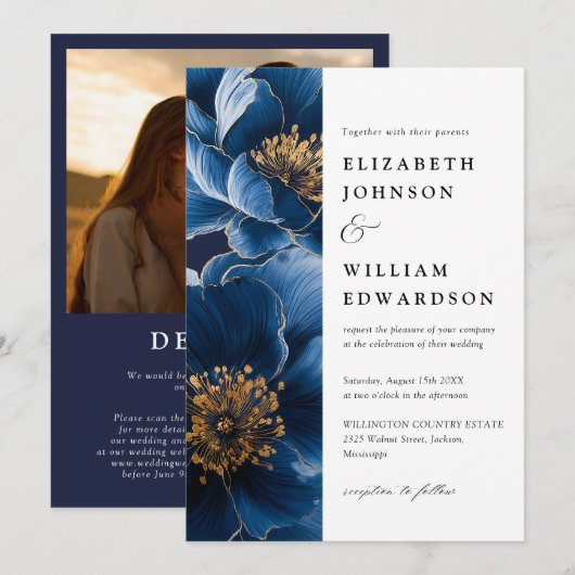 Invitation Mariage code QR photo floral bleu marine moderne (Devant / Derrière)