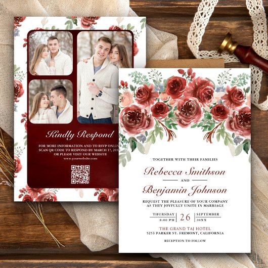 Invitation Mariage Code QR Photo Floral Marsala Rustique