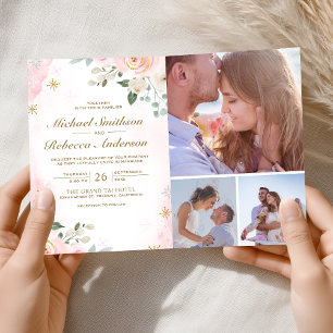 Invitation Mariage Code QR Photo Floral Rose Blush Or