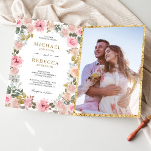 Invitation Mariage Code QR Photo Floral Rose et Or Rustique